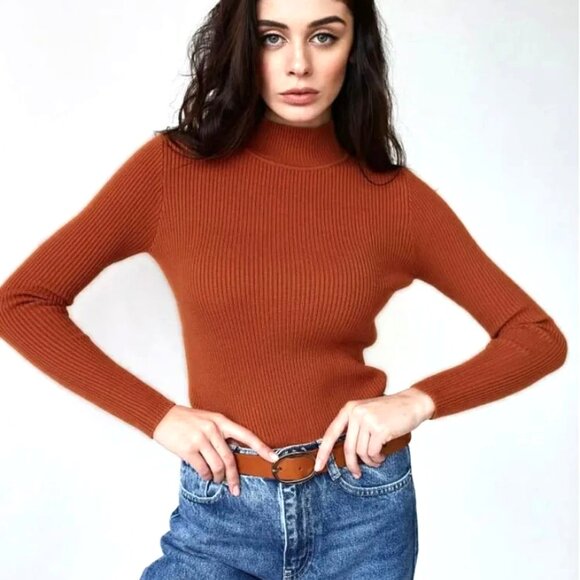 ONE SIZE CINNAMON FINELY RIBBED MIDWEIGHT LONG SLEEVE TURTLENECK SWEATER - Picture 1 of 1